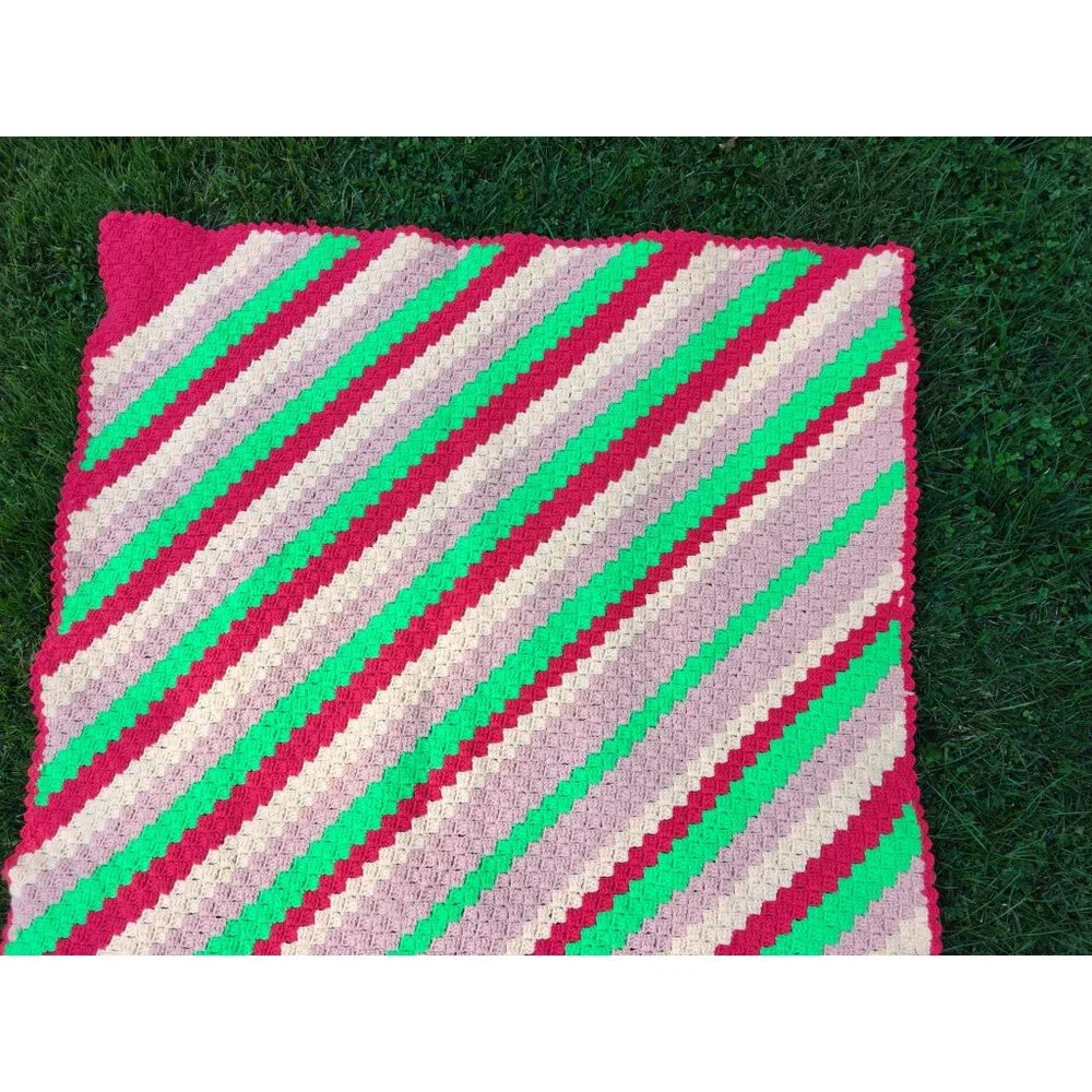 Vintage Handmade Christmas Crochet Afghan Blanket Jolly Stripes Festive Colors
